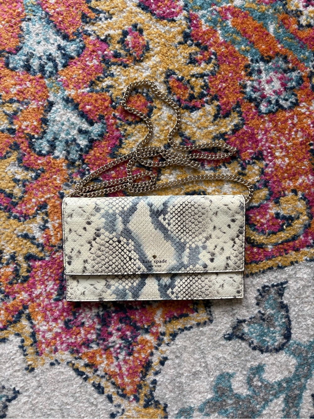 kate spade Snake-Print Chain Clutch in Cream and Blue